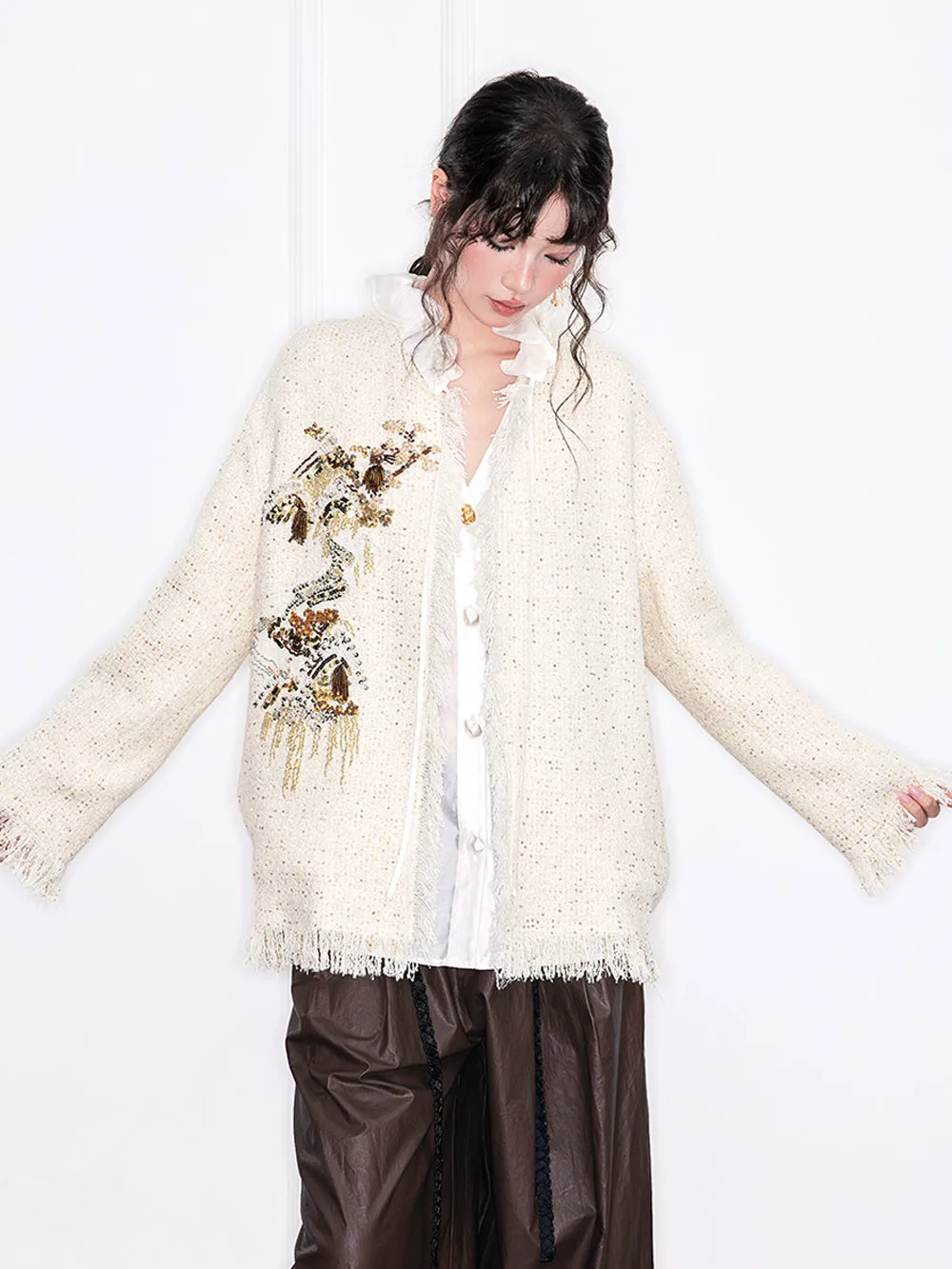 MUKZIN“Realm of Ethereal Mist”Off - White Tweed Cardigan with Sequin Embroidery and Fringes sold by Muzkin product image thumbnail 4