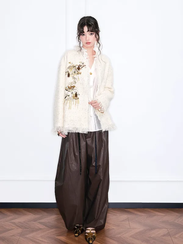 MUKZIN“Realm of Ethereal Mist”Off - White Tweed Cardigan with Sequin Embroidery and Fringes sold by Muzkin
