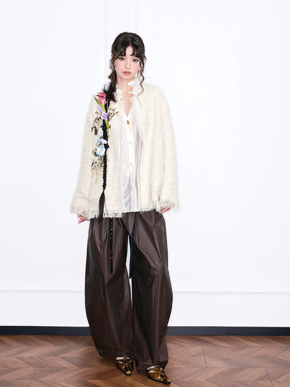 MUKZIN“Realm of Ethereal Mist”Off - White Tweed Cardigan with Sequin Embroidery and Fringes sold by Muzkin product image thumbnail 2