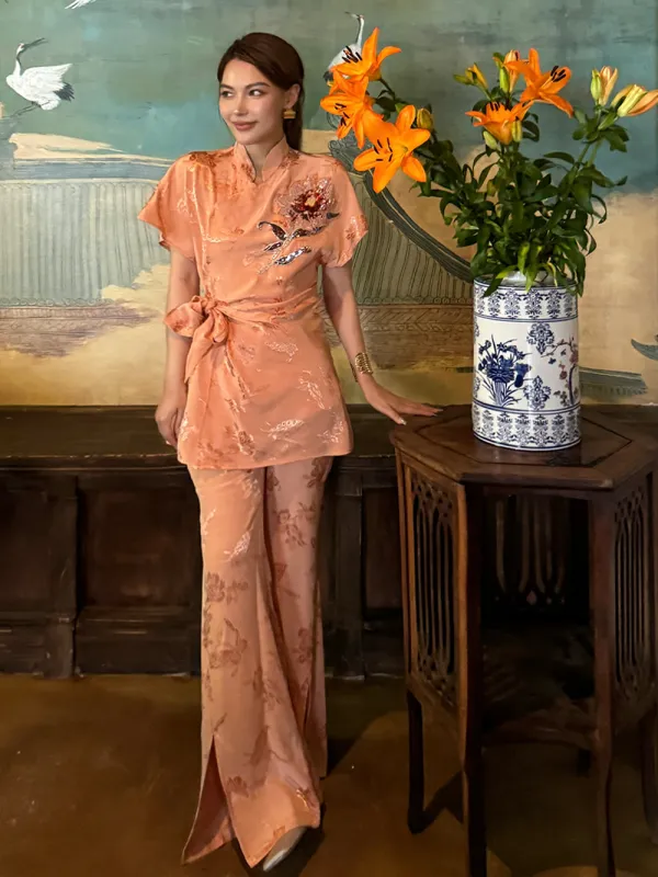 MUKZIN“Capsule Collection”Light Blue Chinese - style Frog Button Floral Embroidered Wide - Leg Pants sold by Muzkin