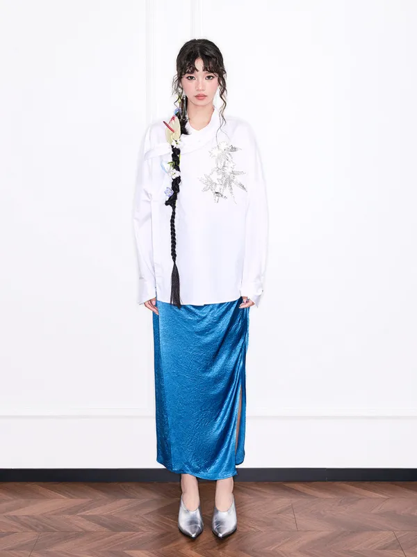 MUKZIN“Realm of Ethereal Mist”White Chinese - style Oblique - front Shirt with Sequin Floral Decoration sold by Muzkin