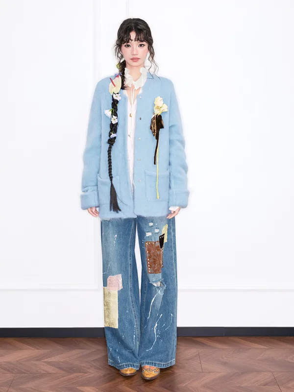 MUKZIN“Realm of Ethereal Mist”Light Blue Fuzzy Cardigan with Floral Decoration sold by Muzkin