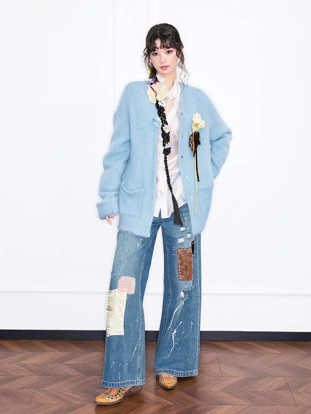 MUKZIN“Realm of Ethereal Mist”Light Blue Fuzzy Cardigan with Floral Decoration sold by Muzkin product image thumbnail 2