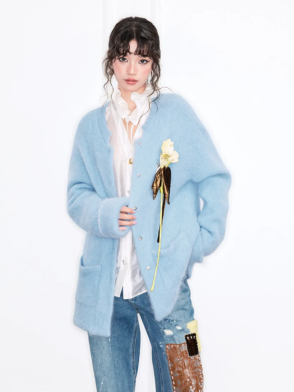 MUKZIN“Realm of Ethereal Mist”Light Blue Fuzzy Cardigan with Floral Decoration sold by Muzkin product image thumbnail 4