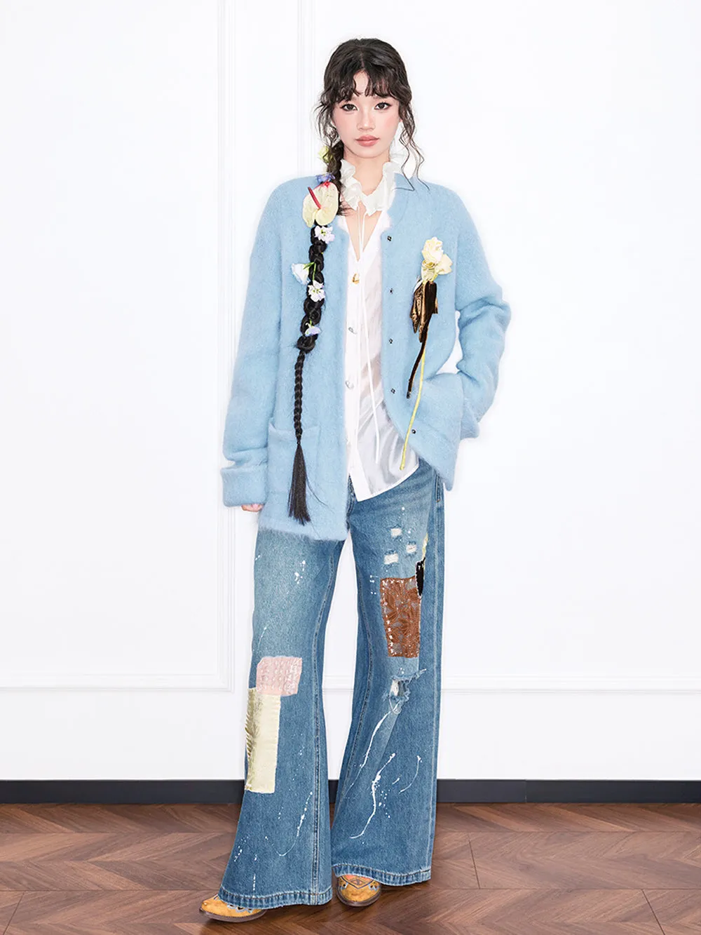 MUKZIN“Realm of Ethereal Mist”Light Blue Fuzzy Cardigan with Floral Decoration sold by Muzkin product image thumbnail 3