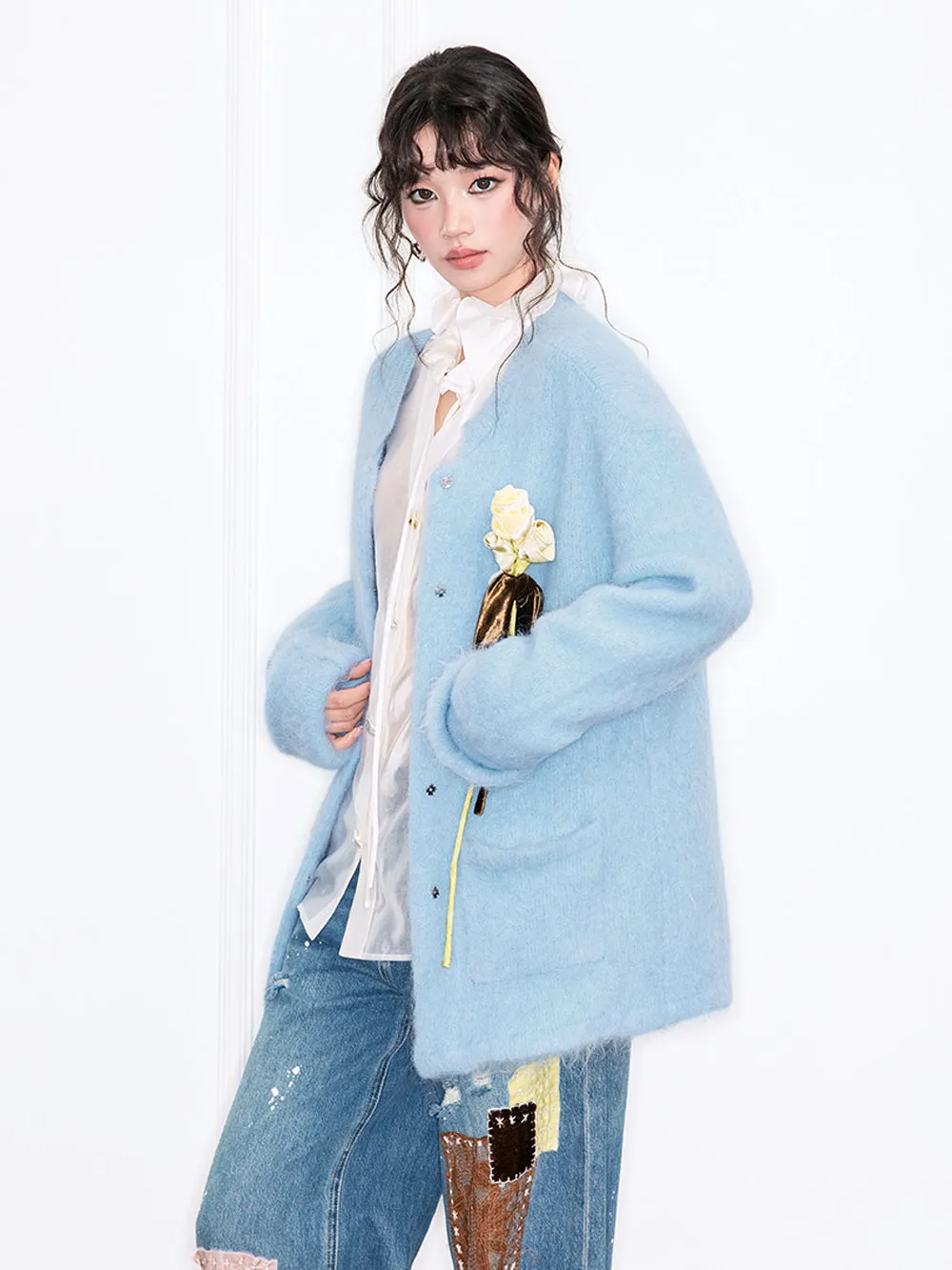 MUKZIN“Realm of Ethereal Mist”Light Blue Fuzzy Cardigan with Floral Decoration sold by Muzkin product image thumbnail 5