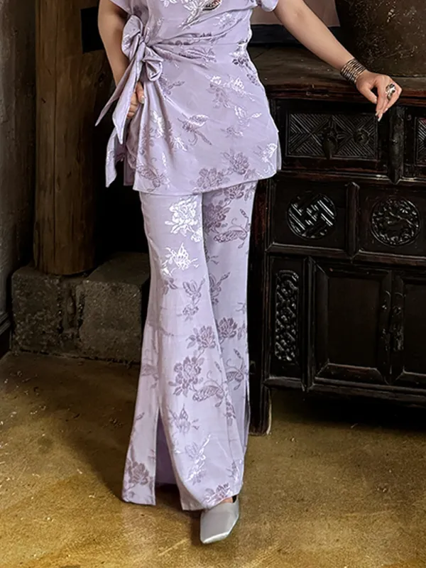 MUKZIN“Capsule Collection”Light Purple Chinese - style Frog Button Floral Embroidered Wide - Leg Pants sold by Muzkin