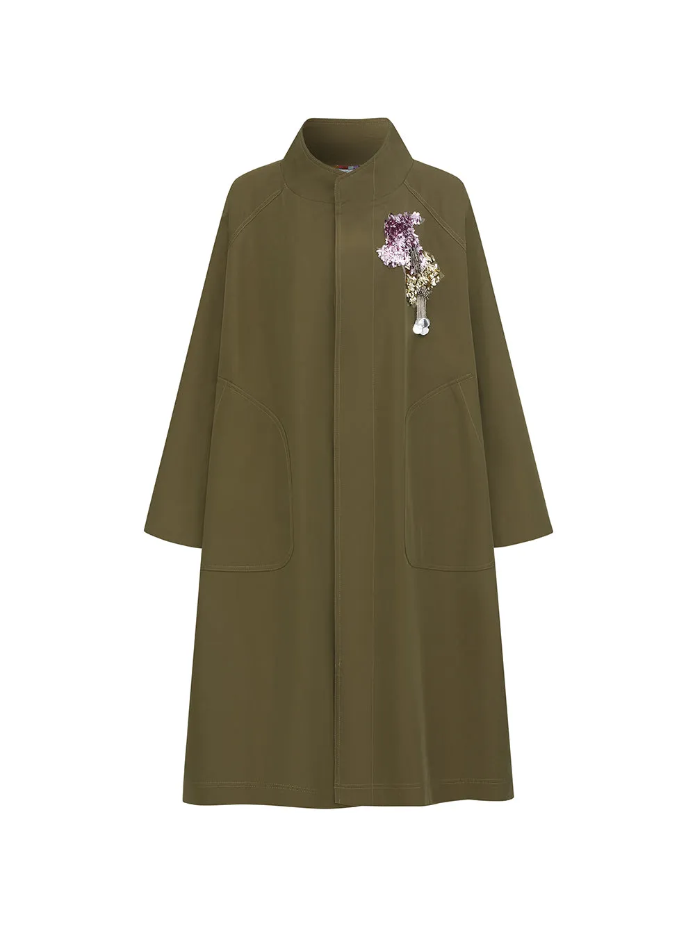 MUKZIN“Realm of Ethereal Mist”Olive Green Long Trench Coat with Floral Appliqué sold by Muzkin product image thumbnail 5