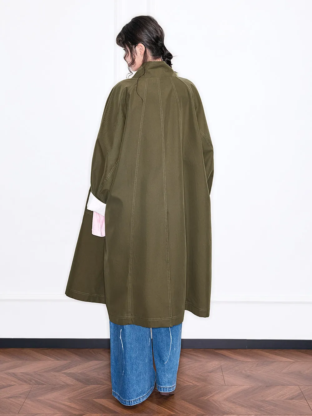 MUKZIN“Realm of Ethereal Mist”Olive Green Long Trench Coat with Floral Appliqué sold by Muzkin product image thumbnail 2