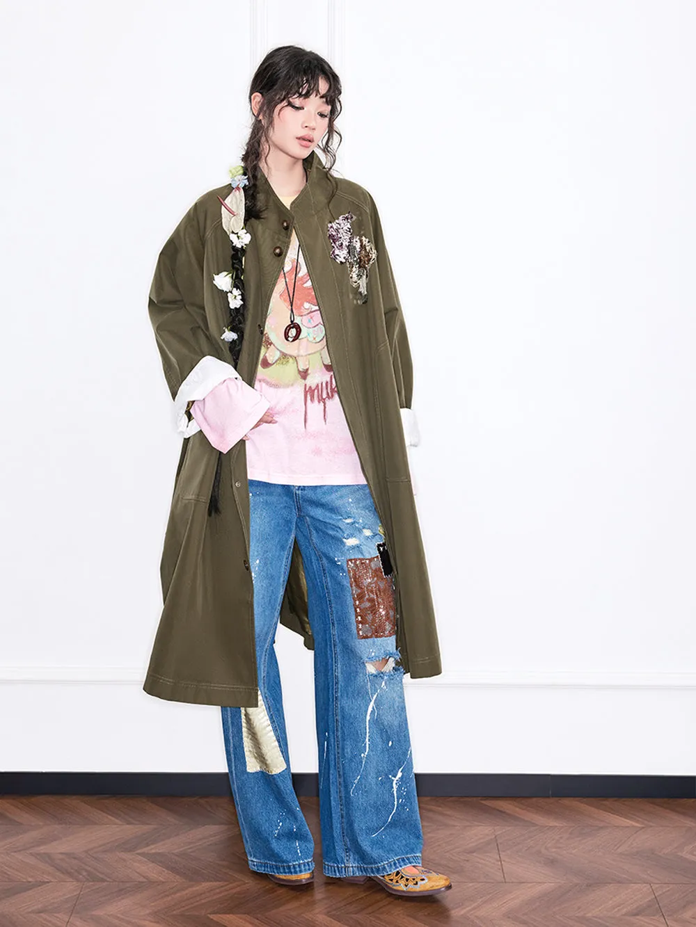 MUKZIN“Realm of Ethereal Mist”Olive Green Long Trench Coat with Floral Appliqué sold by Muzkin product image thumbnail 3