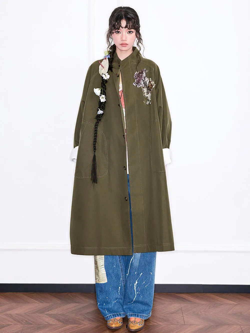 MUKZIN“Realm of Ethereal Mist”Olive Green Long Trench Coat with Floral Appliqué sold by Muzkin product image thumbnail 4