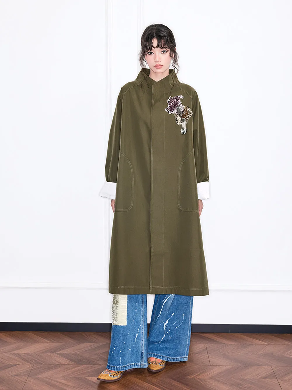 MUKZIN“Realm of Ethereal Mist”Olive Green Long Trench Coat with Floral Appliqué sold by Muzkin