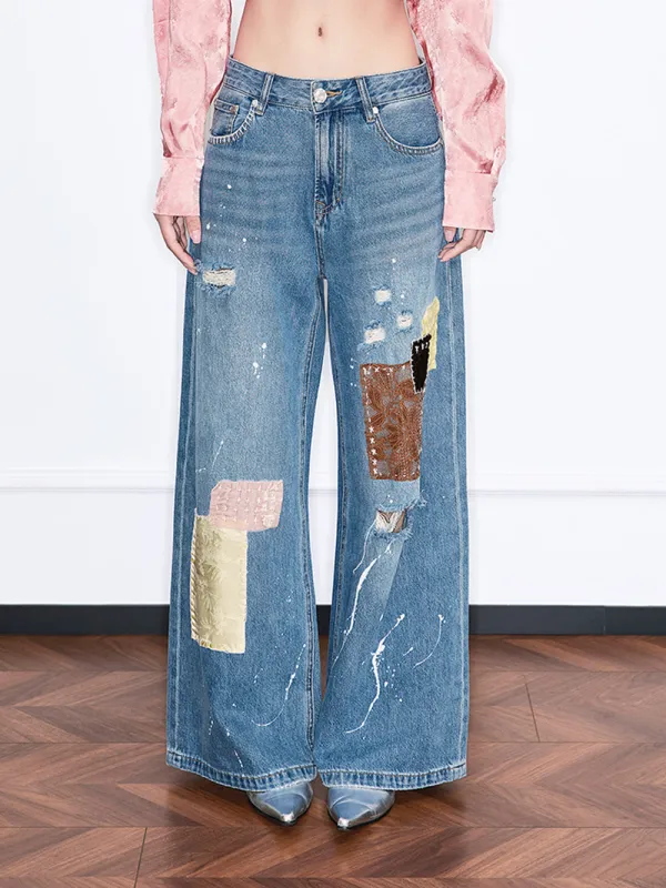 MUKZIN“Realm of Ethereal Mist”Vintage Blue Distressed Wide - Leg Jeans with Patchwork & Paint Splatter sold by Muzkin