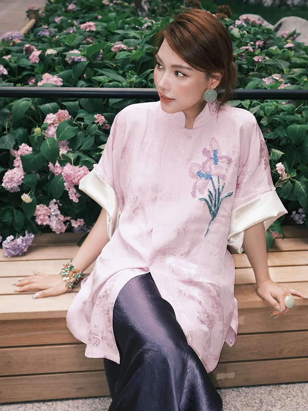 MUKZIN“Capsule Collection”Pink Chinese - style Stand - up Collar Floral Embroidered Loose Top sold by Muzkin product image thumbnail 4