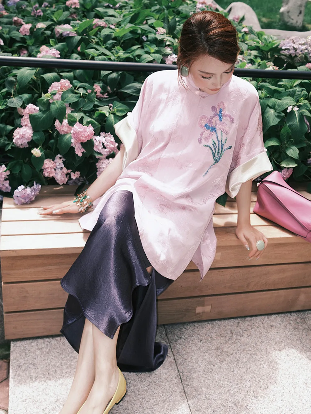 MUKZIN“Capsule Collection”Pink Chinese - style Stand - up Collar Floral Embroidered Loose Top sold by Muzkin product image thumbnail 5