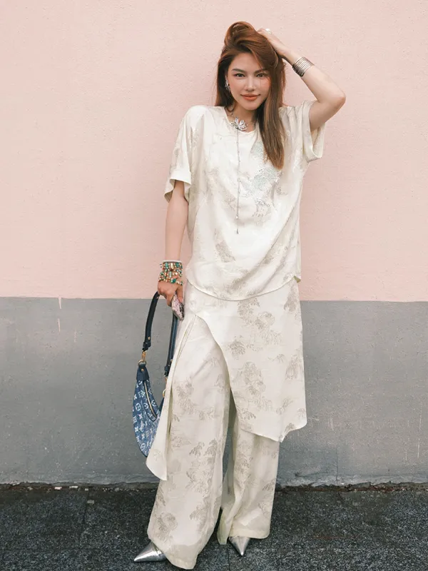 MUKZIN“Capsule Collection”Off - White Jacquard Loose Wide - Leg Pants sold by Muzkin