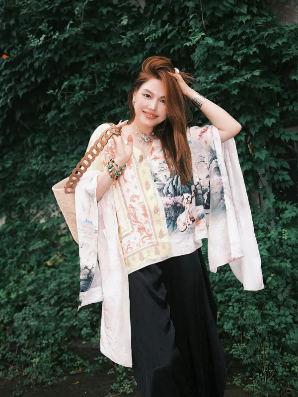 MUKZIN“Capsule Collection”Chinese - Style Artistic Printed Loose - Fit V - Neck Top sold by Muzkin