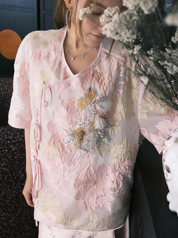 MUKZIN“Capsule Collection”Light Pink Ombre Chinese-style Top with Heavy - duty Embroidery sold by Muzkin