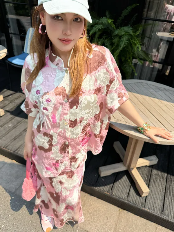 MUKZIN“Capsule Collection”Pink - Brown Tie - Dye Jacquard Sheer Shirt sold by Muzkin