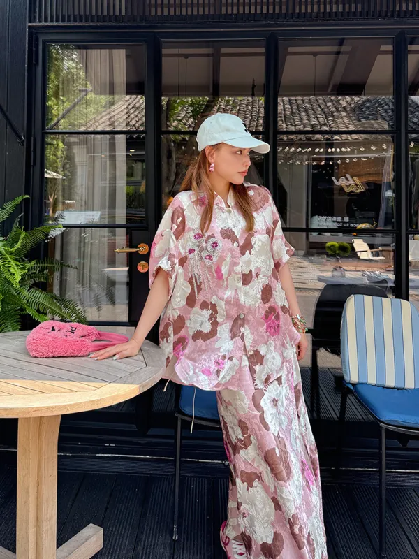 MUKZIN“Capsule Collection”Pink - Brown Ombre Floral Maxi Skirt sold by Muzkin