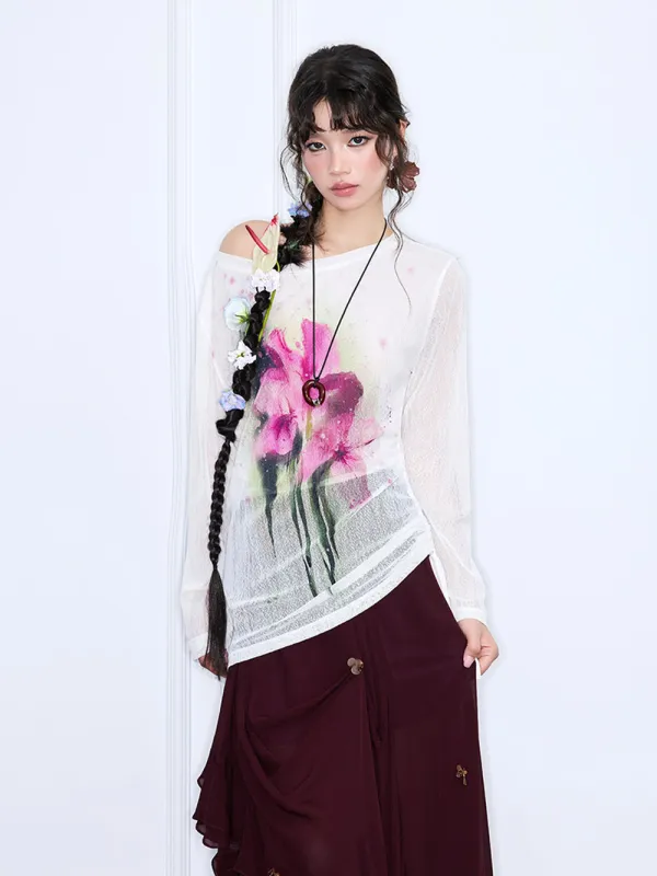 MUKZIN“Realm of Ethereal Mist”Vintage Hong Kong-style printed versatile knit base shirt sold by Muzkin