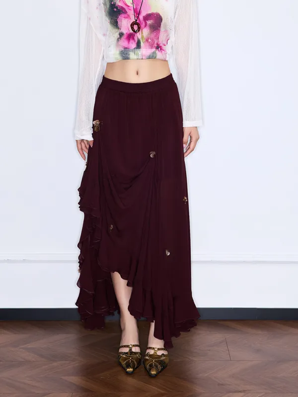 MUKZIN“Realm of Ethereal Mist”Burgundy irregular midi skirt sold by Muzkin