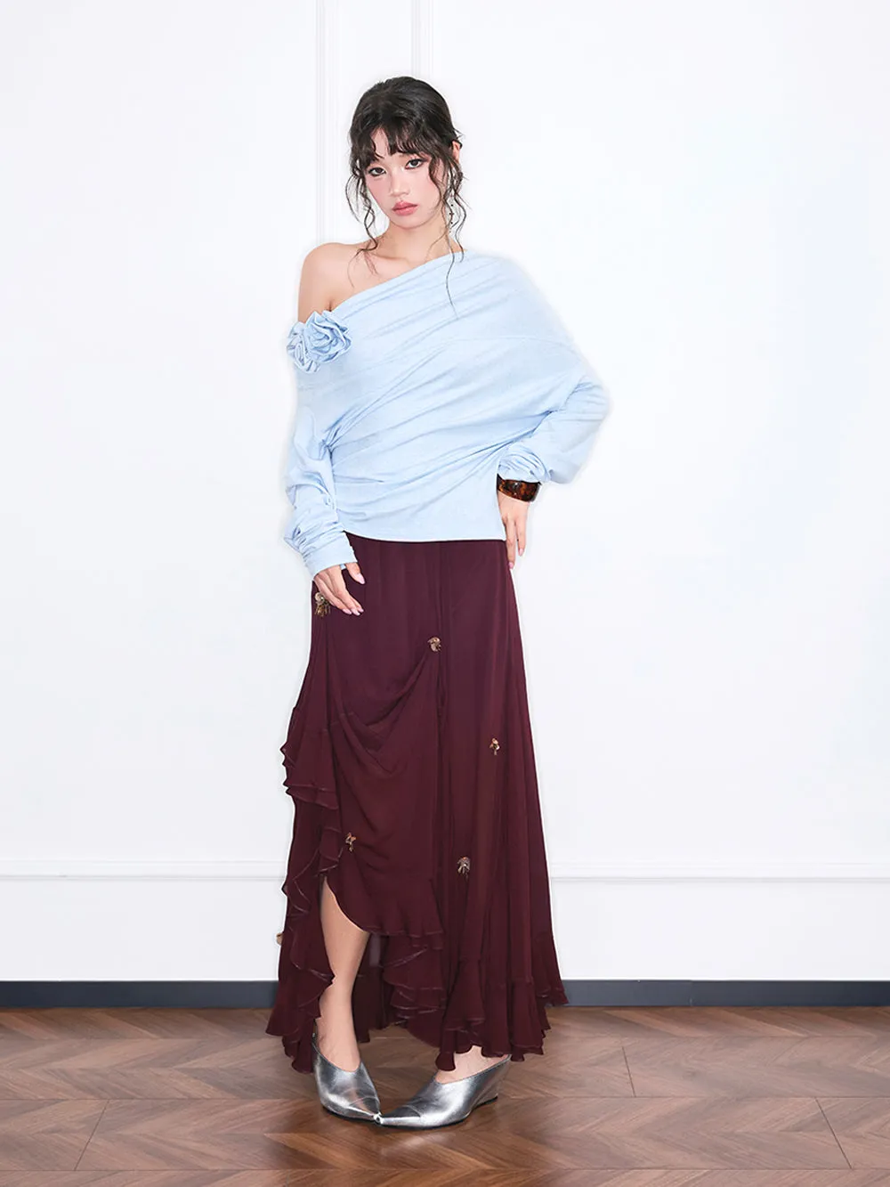 MUKZIN“Realm of Ethereal Mist”Off-the-shoulder loose long-sleeved shirt with three-dimensional flowers sold by Muzkin product image thumbnail 3