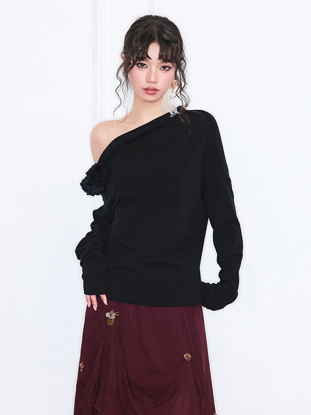 MUKZIN“Realm of Ethereal Mist”Off-the-shoulder loose long-sleeved shirt with three-dimensional flowers sold by Muzkin product image thumbnail 2