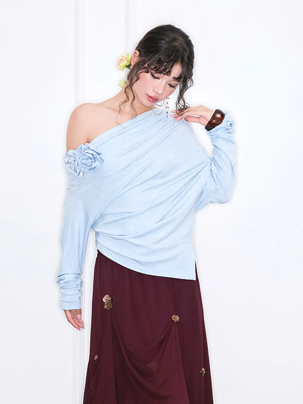 MUKZIN“Realm of Ethereal Mist”Off-the-shoulder loose long-sleeved shirt with three-dimensional flowers sold by Muzkin product image thumbnail 5