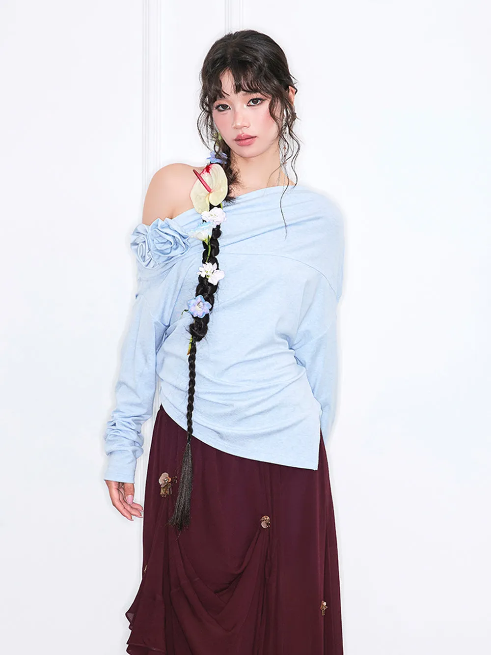 MUKZIN“Realm of Ethereal Mist”Off-the-shoulder loose long-sleeved shirt with three-dimensional flowers sold by Muzkin