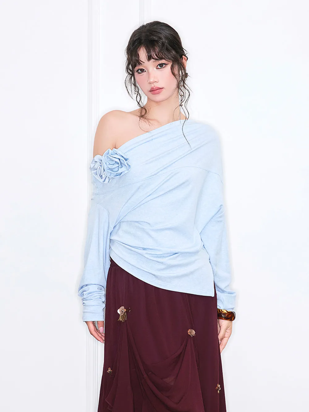 MUKZIN“Realm of Ethereal Mist”Off-the-shoulder loose long-sleeved shirt with three-dimensional flowers sold by Muzkin product image thumbnail 4