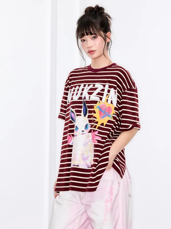 MUKZIN "Ode to the New Summer" Burgundy Striped Cute Rabbit T - shirt sold by Muzkin