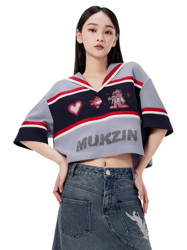 MUKZIN Navy Collar Cartoon Embroidered Loose T-shirt sold by Muzkin