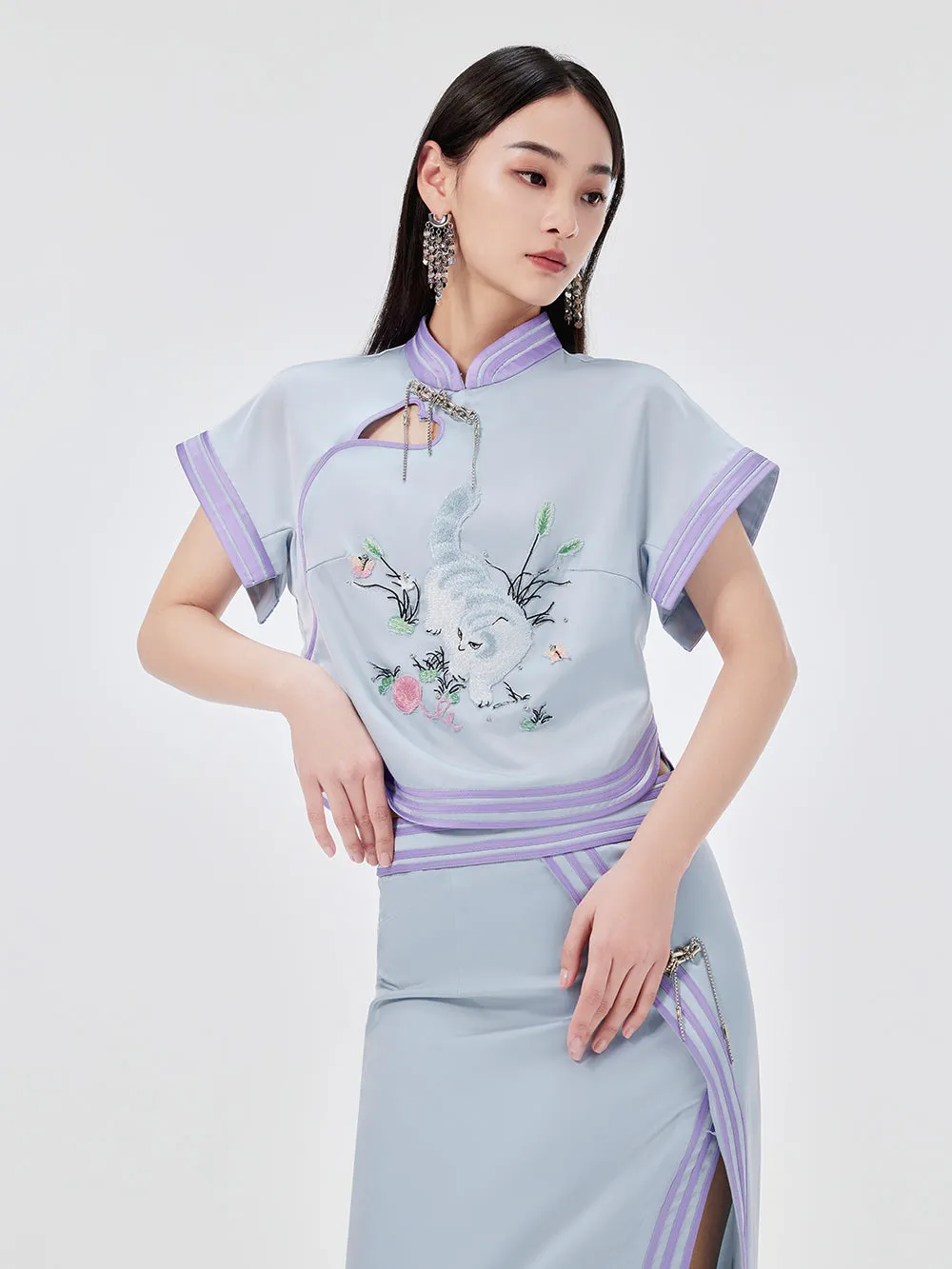 MUKZIN Cat Embroidered Chinese Style Cheongsam Short T-shirt sold by Muzkin product image thumbnail 4