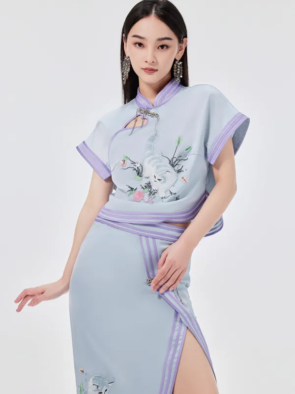 MUKZIN Cat Embroidered Chinese Style Cheongsam Short T-shirt sold by Muzkin