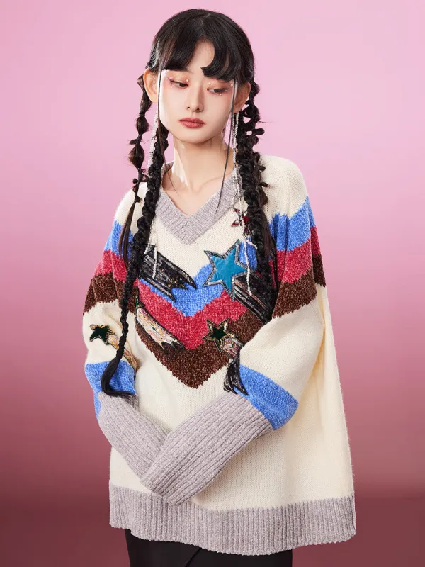 MUKZIN Retro V-neck PatchworkPopular Sweater Contrasting Colors sold by Muzkin