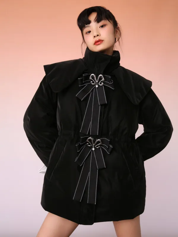 MUKZIN Black Bow Mid-Length Cute Style Down Jacket sold by Muzkin