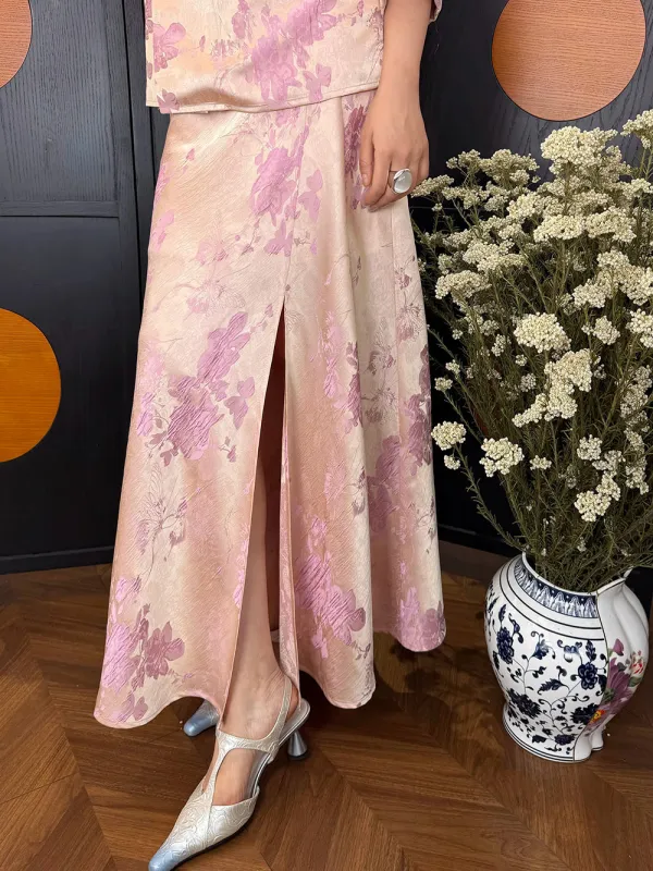 MUKZIN“Capsule Collection”Pink Chinese-style printed midi skirt sold by Muzkin