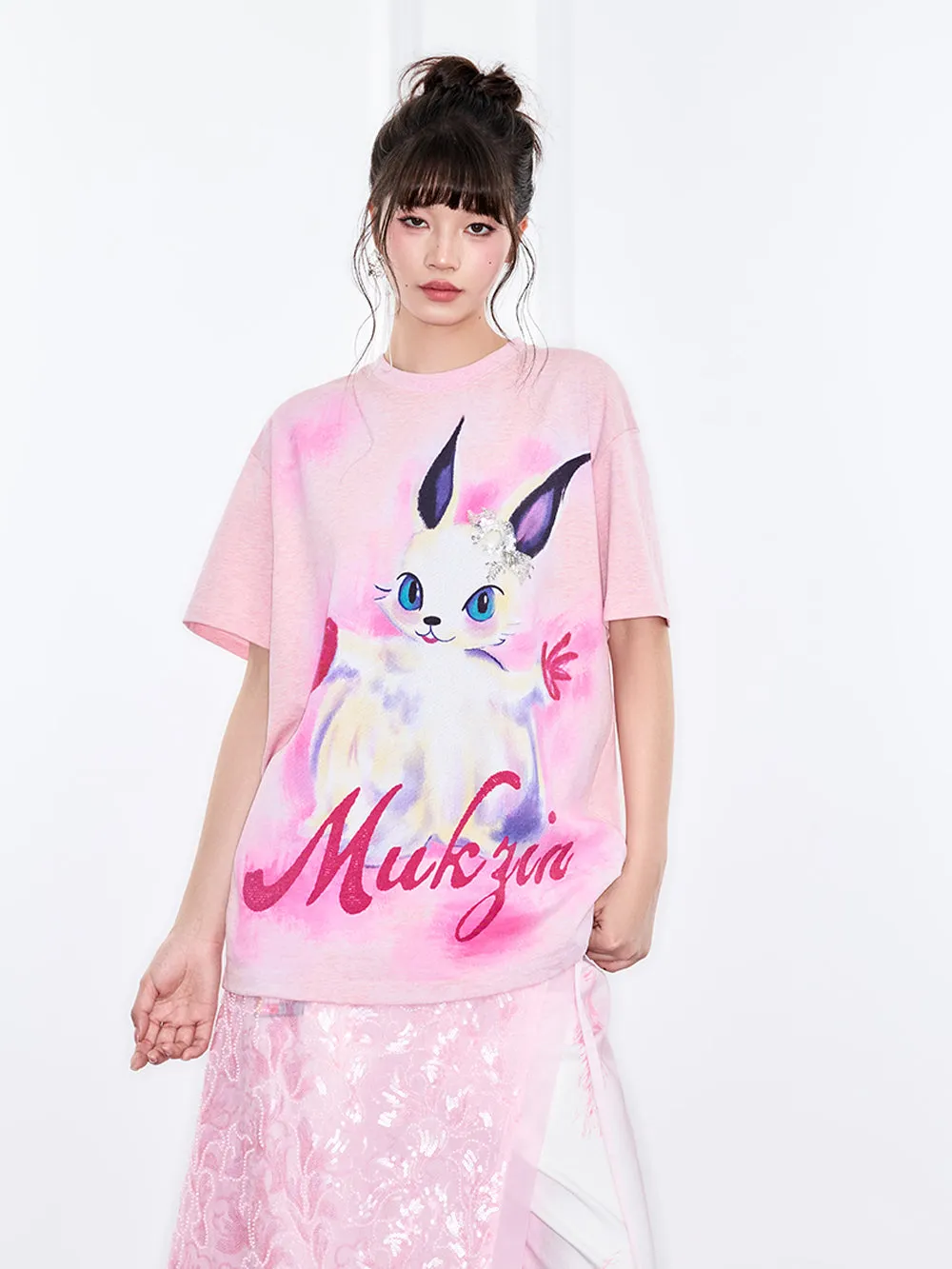Mukzin "Ode To The New Summer"Dreamy Pink Printed Short-Sleeved T-Shirt sold by Muzkin product image thumbnail 4