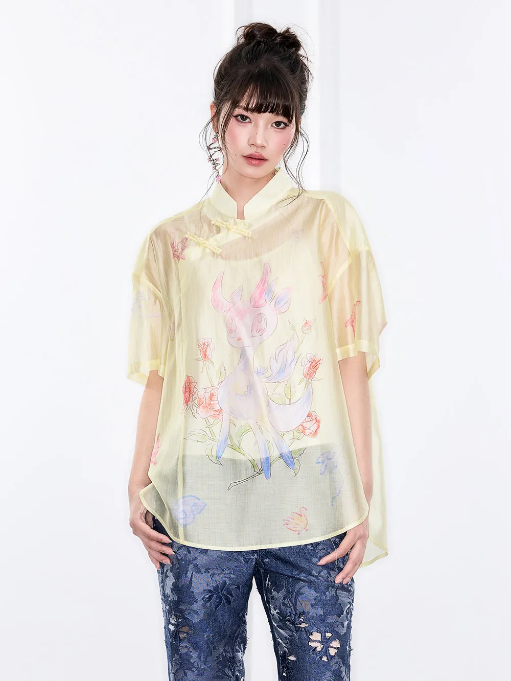 Mukzin "Ode To The New Summer"New Chinese-Style Shirt With Frog Buttons At The Collar And Printed Patterns sold by Muzkin product image thumbnail 5