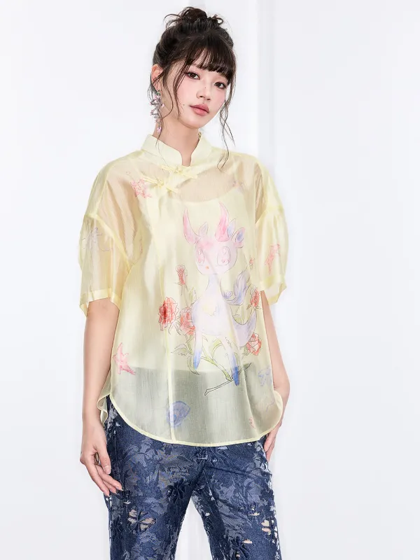 Mukzin "Ode To The New Summer"New Chinese-Style Shirt With Frog Buttons At The Collar And Printed Patterns sold by Muzkin