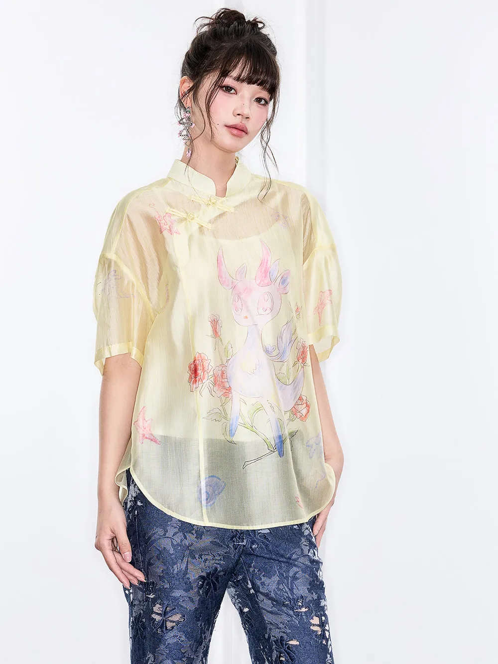 Mukzin "Ode To The New Summer"New Chinese-Style Shirt With Frog Buttons At The Collar And Printed Patterns sold by Muzkin