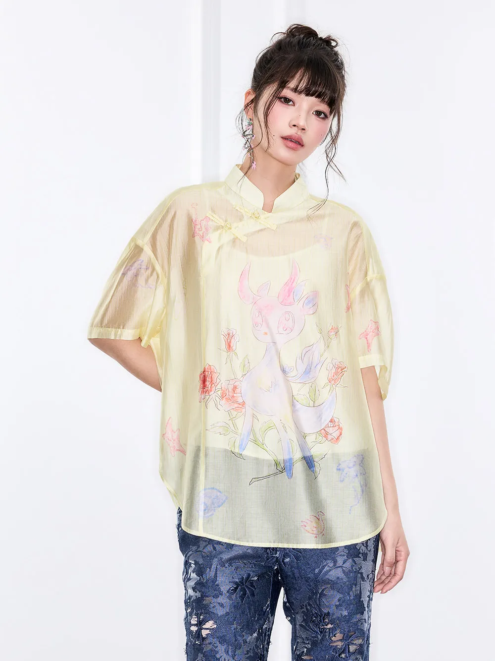 Mukzin "Ode To The New Summer"New Chinese-Style Shirt With Frog Buttons At The Collar And Printed Patterns sold by Muzkin product image thumbnail 3