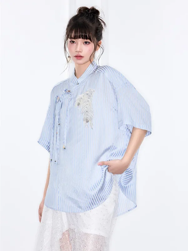 Mukzin "Ode To The New Summer"Elegant Blue And White Striped Chinese-Style Shirt sold by Muzkin