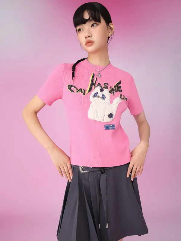MUKZIN Pink Applique Embroidery Knit Short Round Neck T-shirts sold by Muzkin