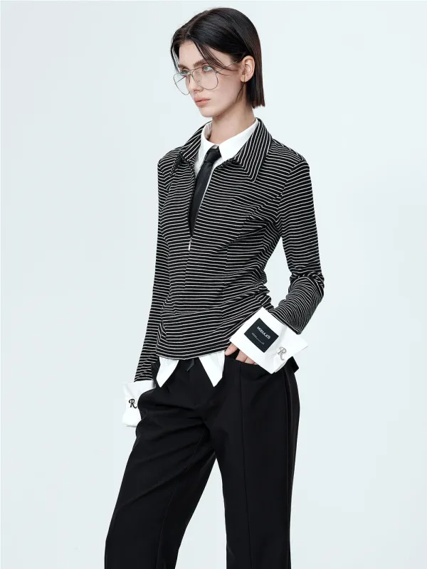 MUKTANK×MODULER Fake Two-piece Shirt with a Striped Henley Top Featuring a Spliced Turned-up Sleeves sold by Muzkin