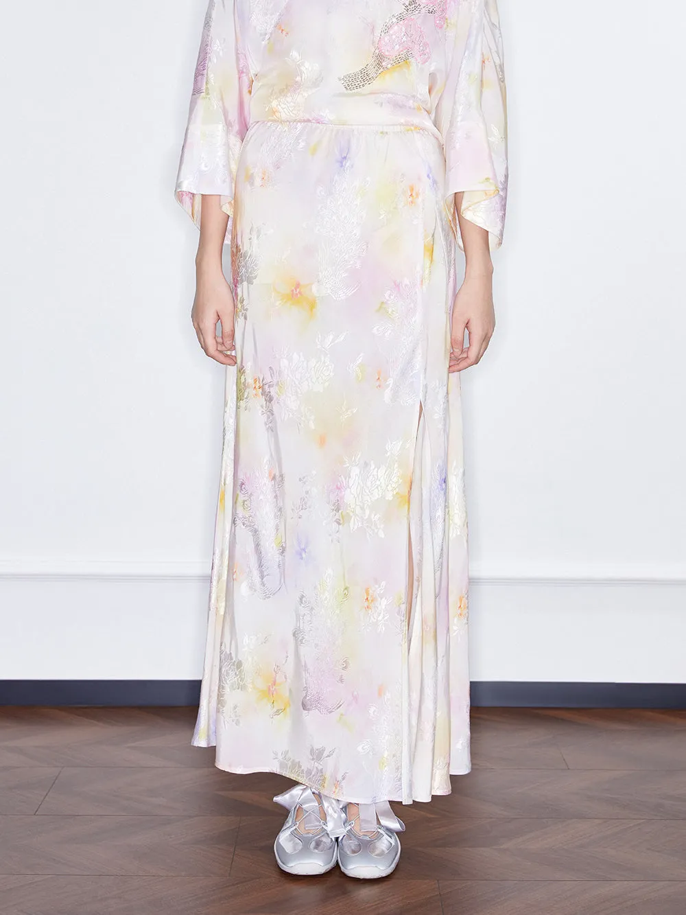 MUKZIN SpringPrelude Spring Mountain Drunk Gradient Printing Side-slit Big A-line Umbrella Skirt sold by Muzkin