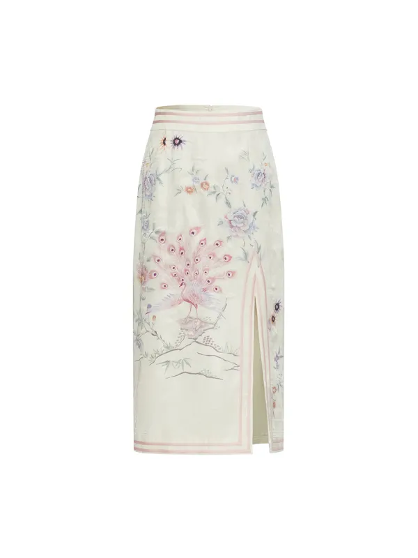 MUKZIN  SpringPrelude Quexi Chinese-style Printed Side-slit Straight Tube Half Skirt sold by Muzkin