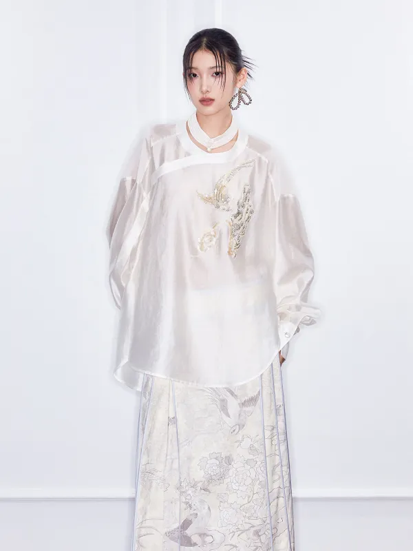 MUKZIN  SpringPrelude Chanting Pine Chinese - style Round - collar Translucent Traditional - style Shirt sold by Muzkin