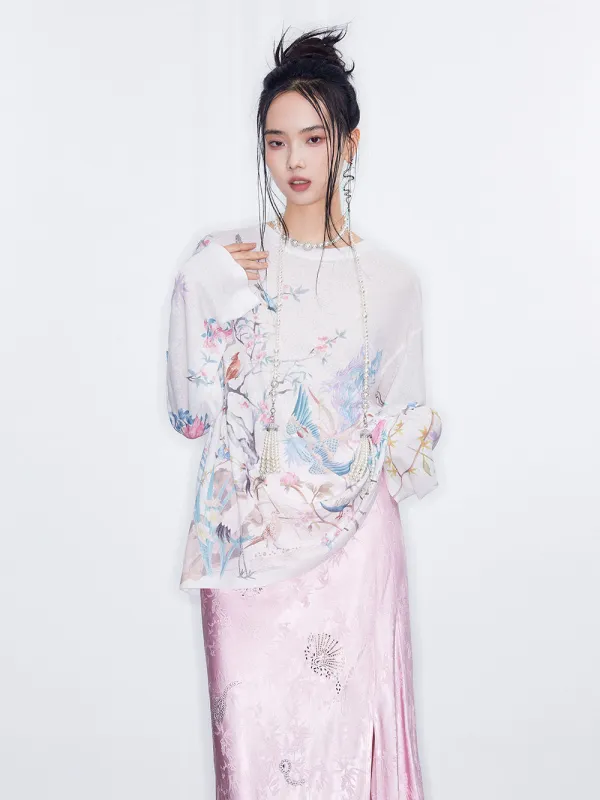 MUKZIN  SpringPrelude "Dotting Spring Branches" Loose Round - neck Chinese - style Printed Knitted Long - sleeve Shirt sold by Muzkin